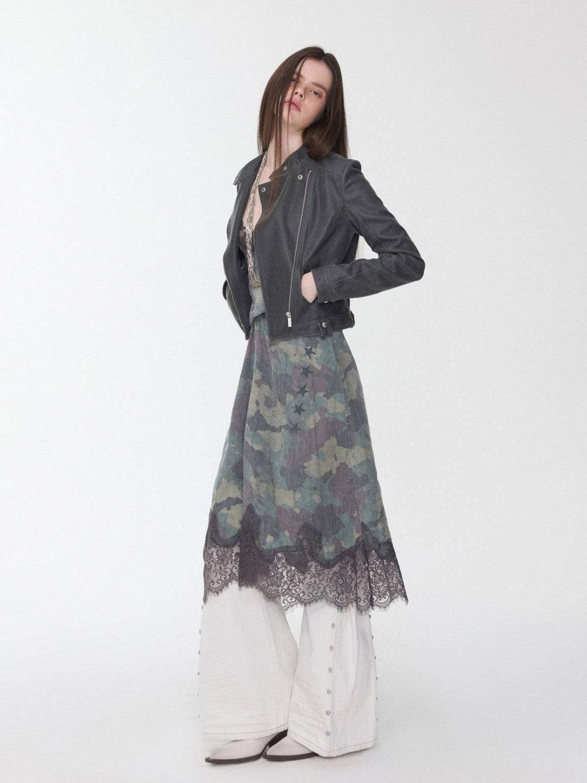 1JINN STUDIO Retro Washed Crackle Distressed Lapel Biker Women&
