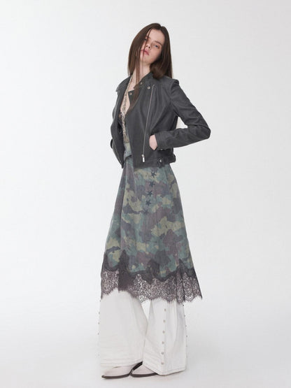 1JINN STUDIO Retro Washed Crackle Distressed Lapel Biker Women&