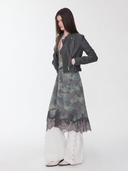 1JINN STUDIO Retro Washed Crackle Distressed Lapel Biker Women&