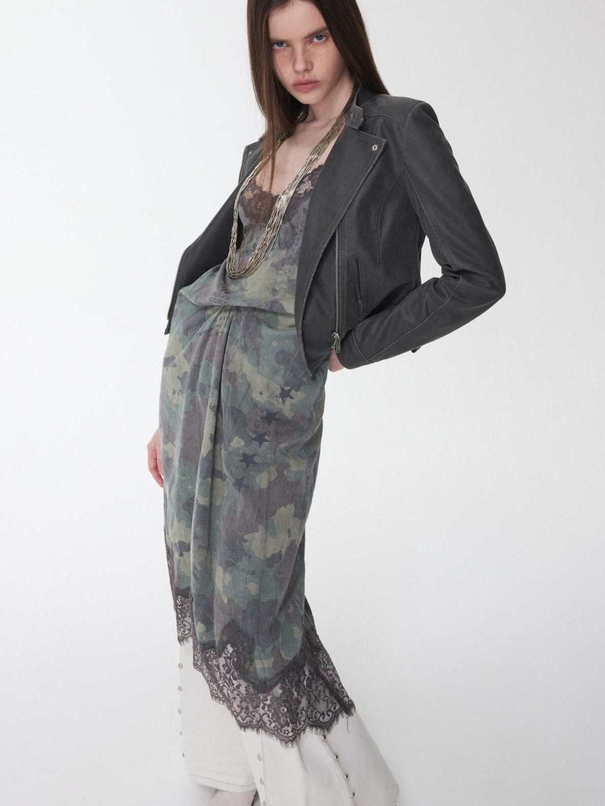 1JINN STUDIO Retro Washed Crackle Distressed Lapel Biker Women&