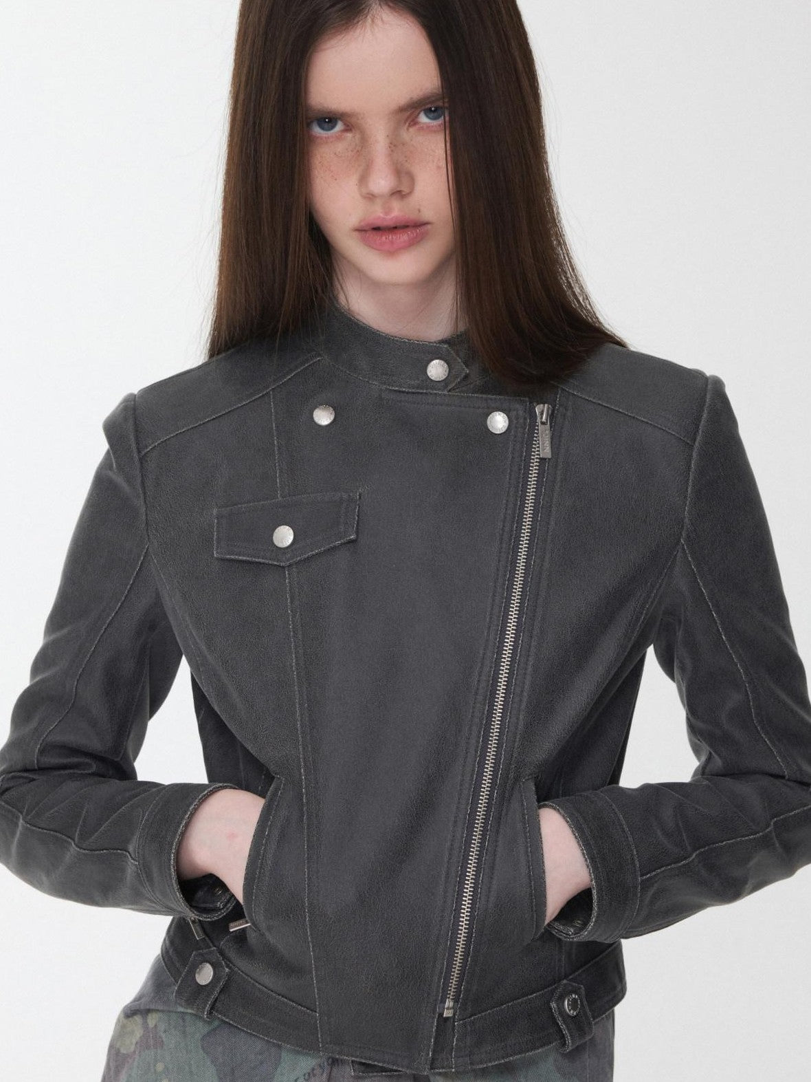 1JINN STUDIO Retro Washed Crackle Distressed Lapel Biker Women&