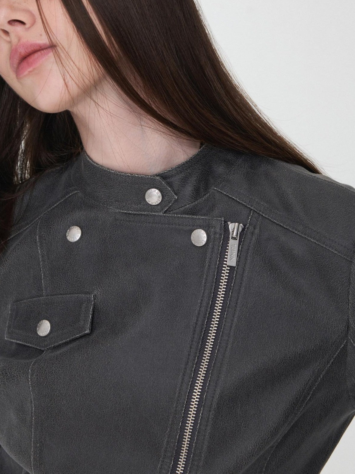 1JINN STUDIO Retro Washed Crackle Distressed Lapel Biker Women&