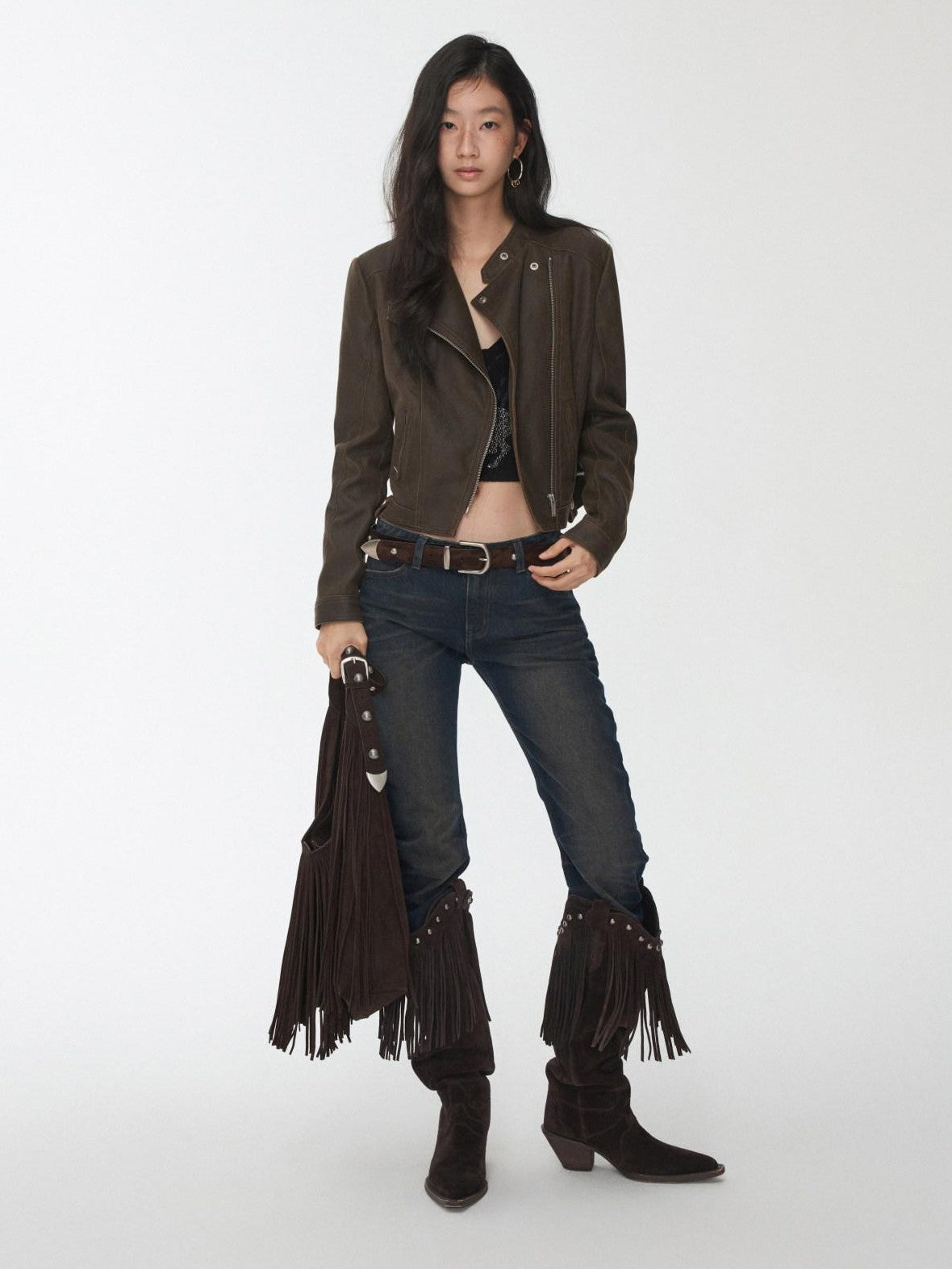 1JINN STUDIO Retro Washed Crackle Distressed Lapel Biker Women&