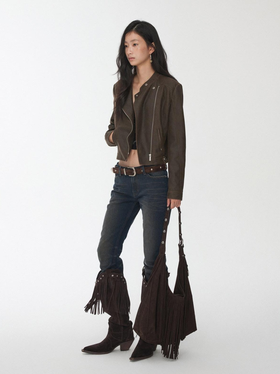 1JINN STUDIO Retro Washed Crackle Distressed Lapel Biker Women&