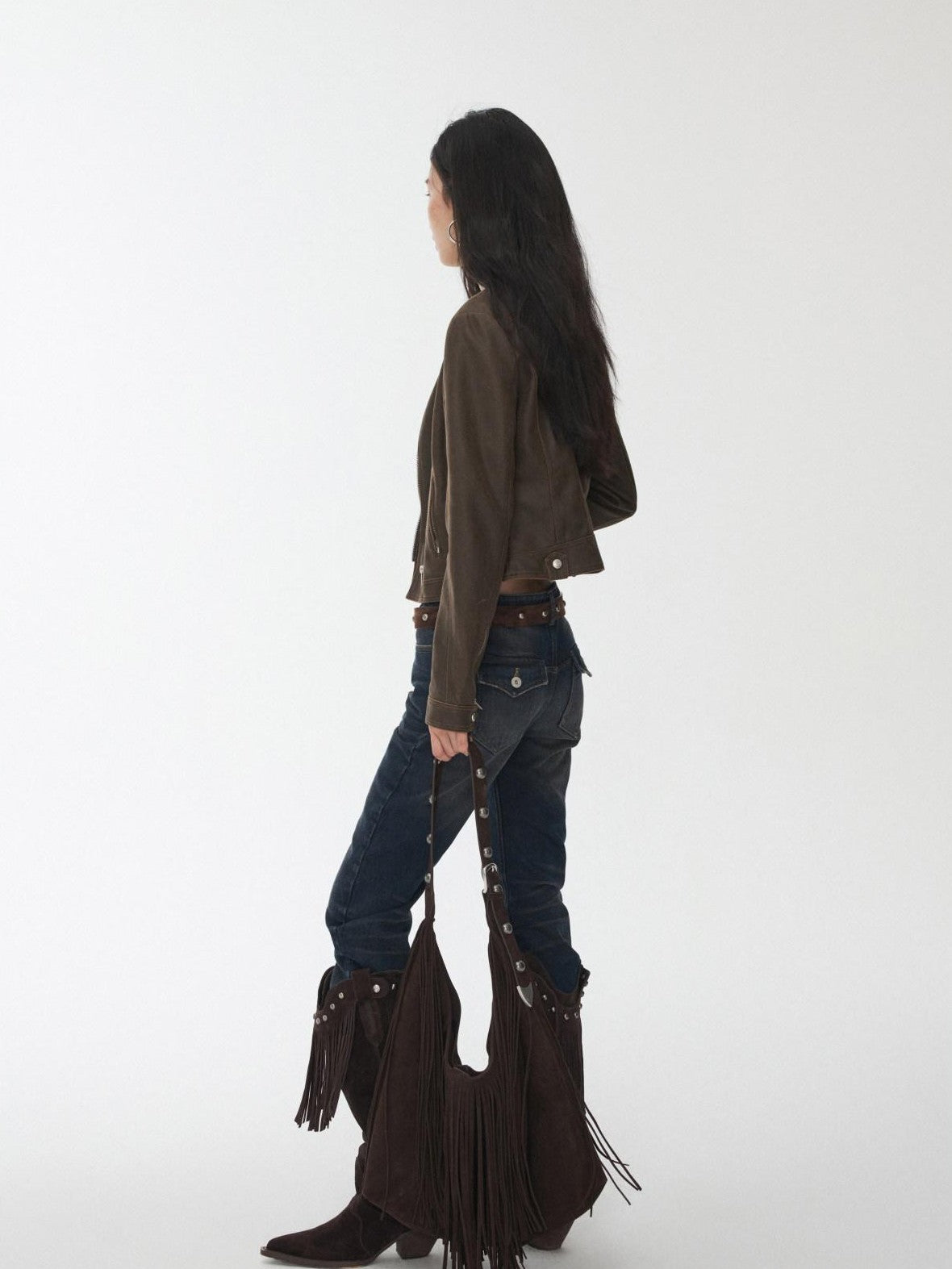 1JINN STUDIO Retro Washed Crackle Distressed Lapel Biker Women&