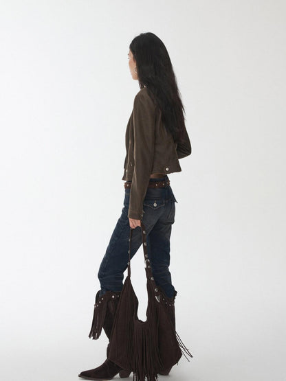 1JINN STUDIO Retro Washed Crackle Distressed Lapel Biker Women&