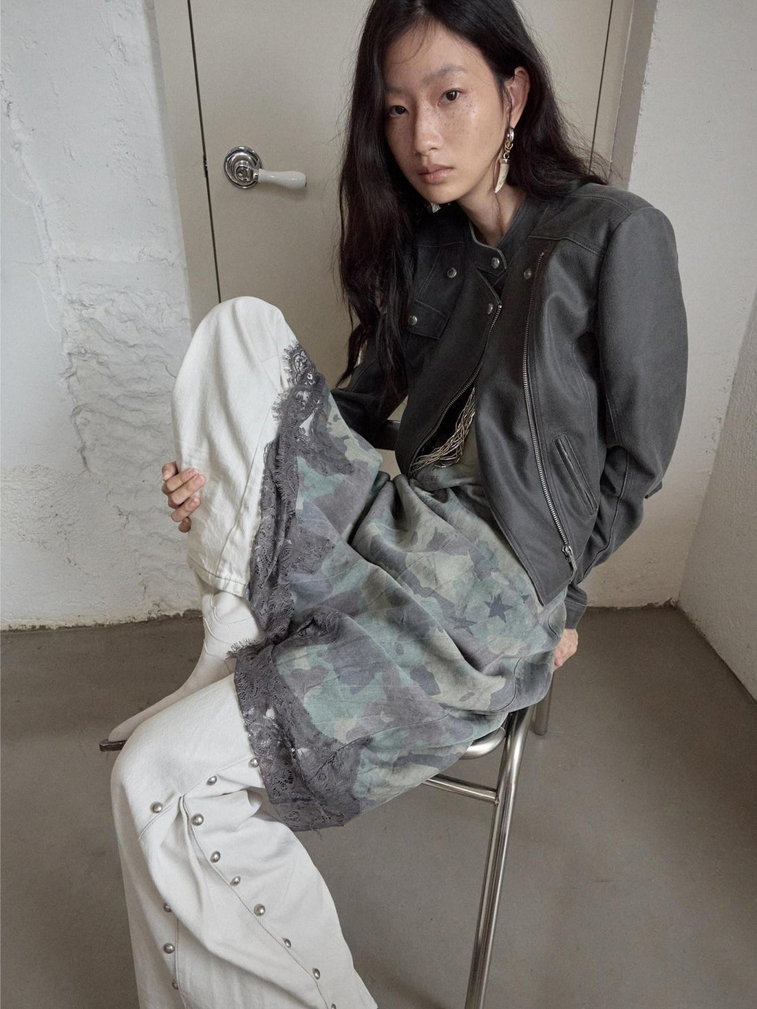 1JINN STUDIO Retro Washed Crackle Distressed Lapel Biker Women&