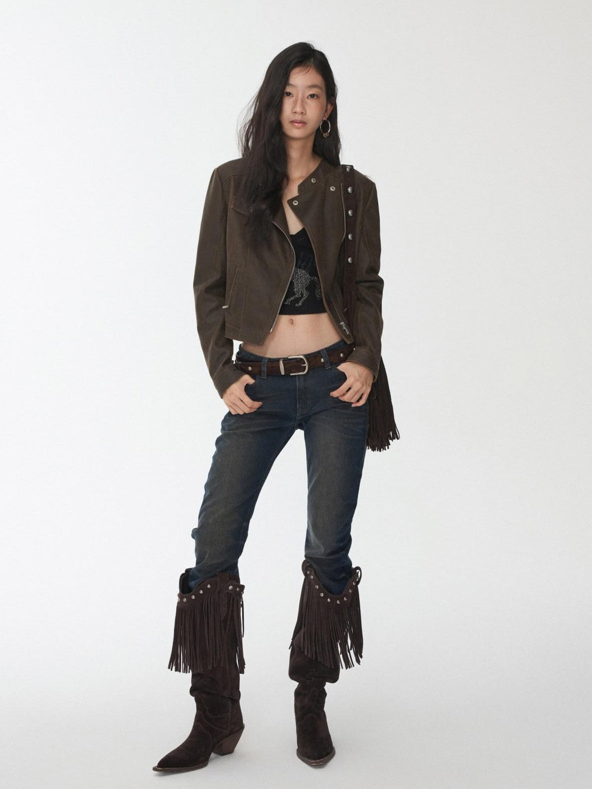 1JINN STUDIO Retro Washed Crackle Distressed Lapel Biker Women&