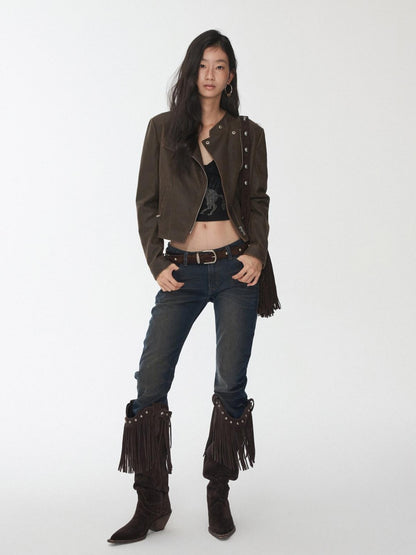 1JINN STUDIO Retro Washed Crackle Distressed Lapel Biker Women&