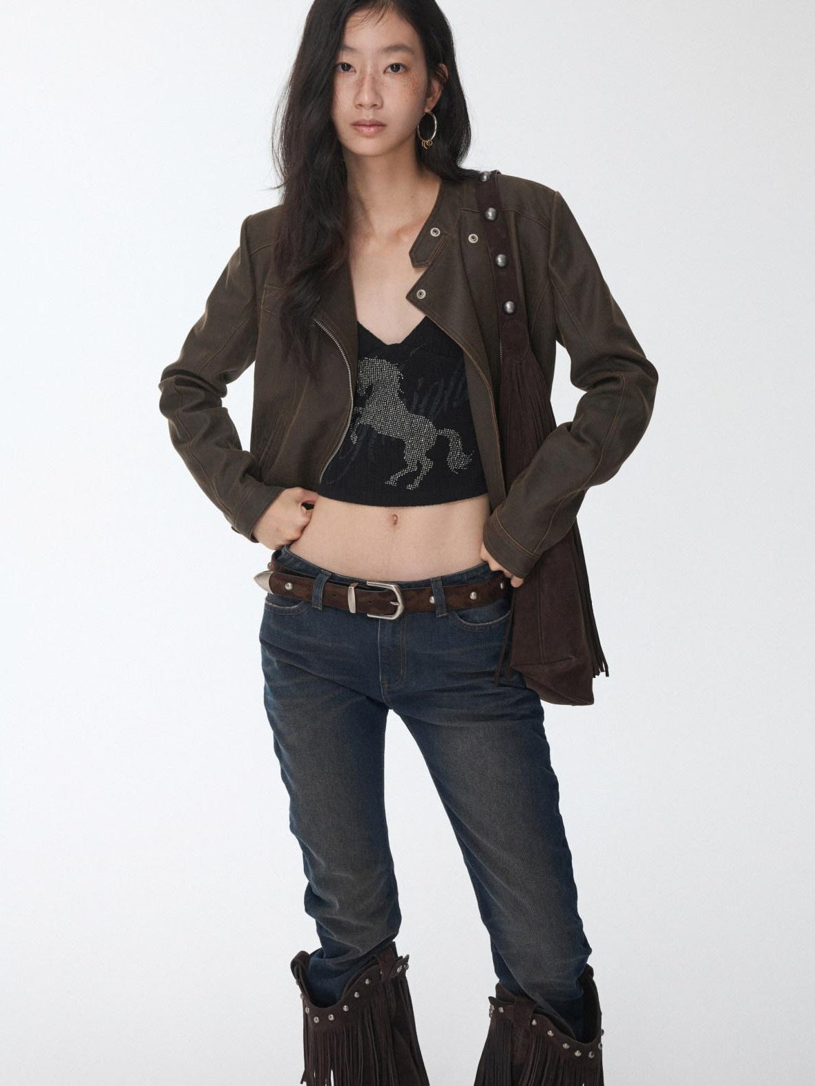 1JINN STUDIO Retro Washed Crackle Distressed Lapel Biker Women&