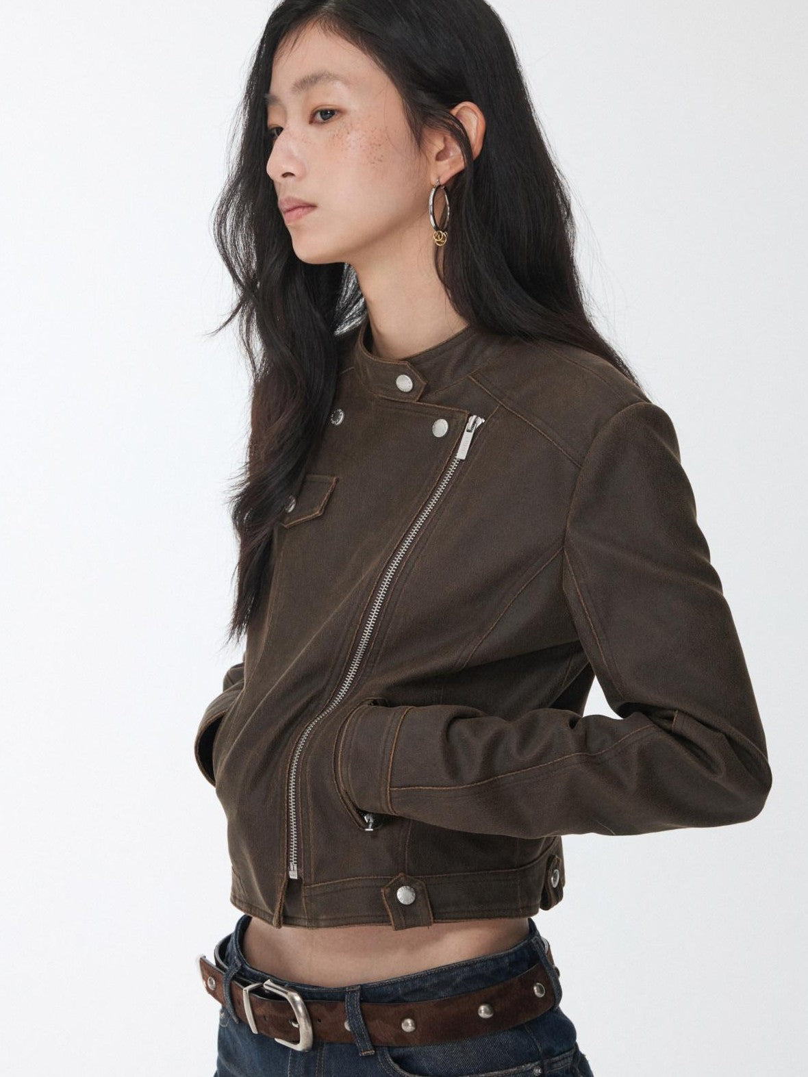 1JINN STUDIO Retro Washed Crackle Distressed Lapel Biker Women&