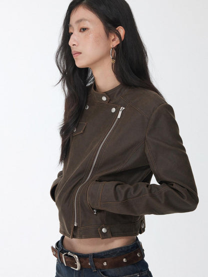 1JINN STUDIO Retro Washed Crackle Distressed Lapel Biker Women&