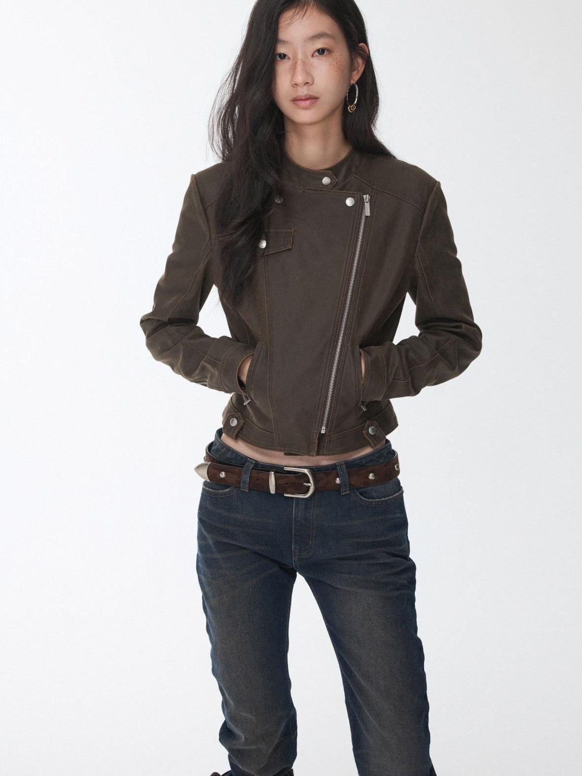 1JINN STUDIO Retro Washed Crackle Distressed Lapel Biker Women&