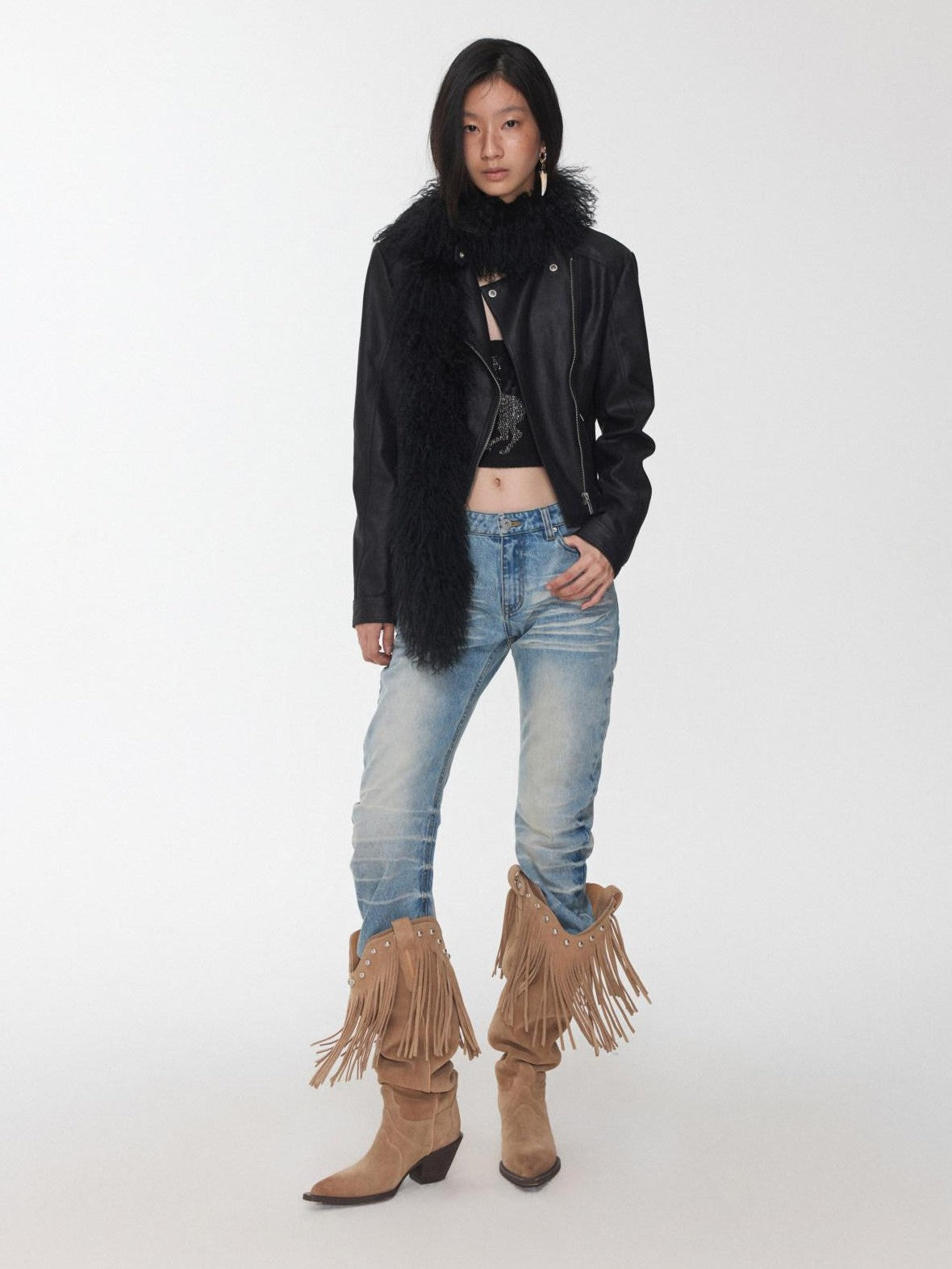 1JINN STUDIO Retro Washed Crackle Distressed Lapel Biker Women&