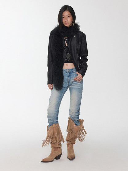 1JINN STUDIO Retro Washed Crackle Distressed Lapel Biker Women&