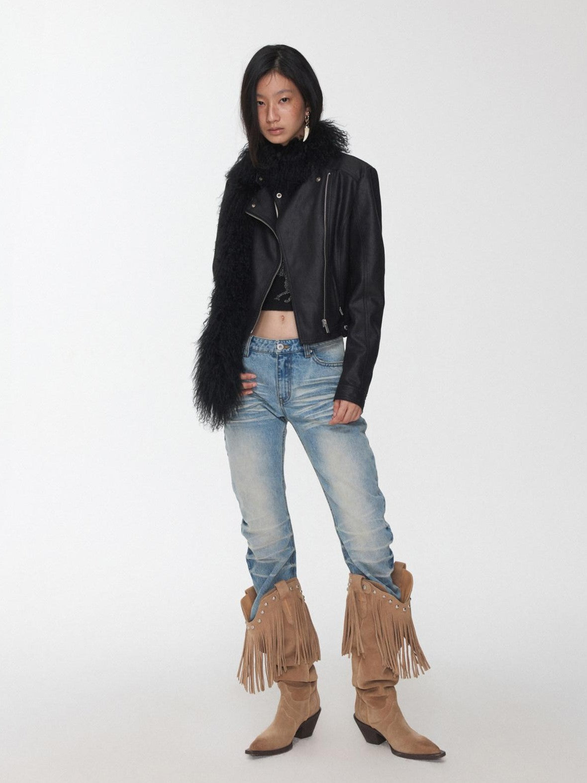 1JINN STUDIO Retro Washed Crackle Distressed Lapel Biker Women&