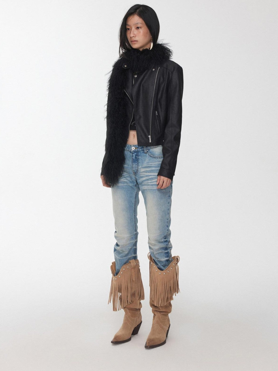 1JINN STUDIO Retro Washed Crackle Distressed Lapel Biker Women&