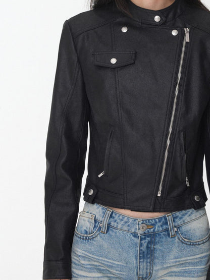 1JINN STUDIO Retro Washed Crackle Distressed Lapel Biker Women&