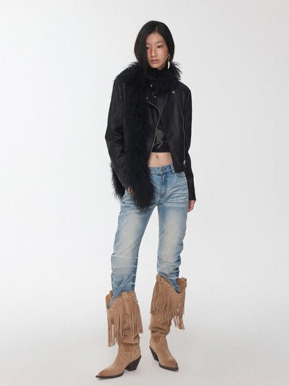 1JINN STUDIO Retro Washed Crackle Distressed Lapel Biker Women&