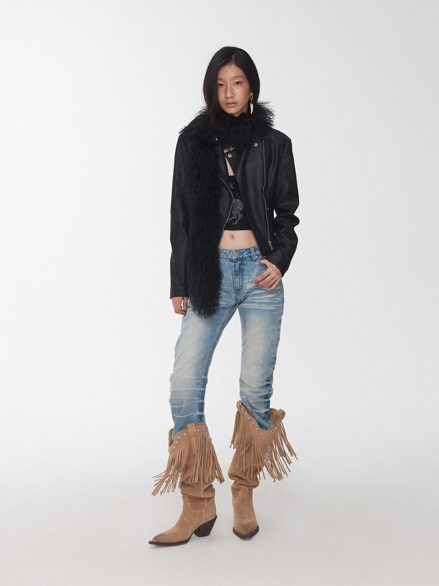 1JINN STUDIO Retro Washed Crackle Distressed Lapel Biker Women&