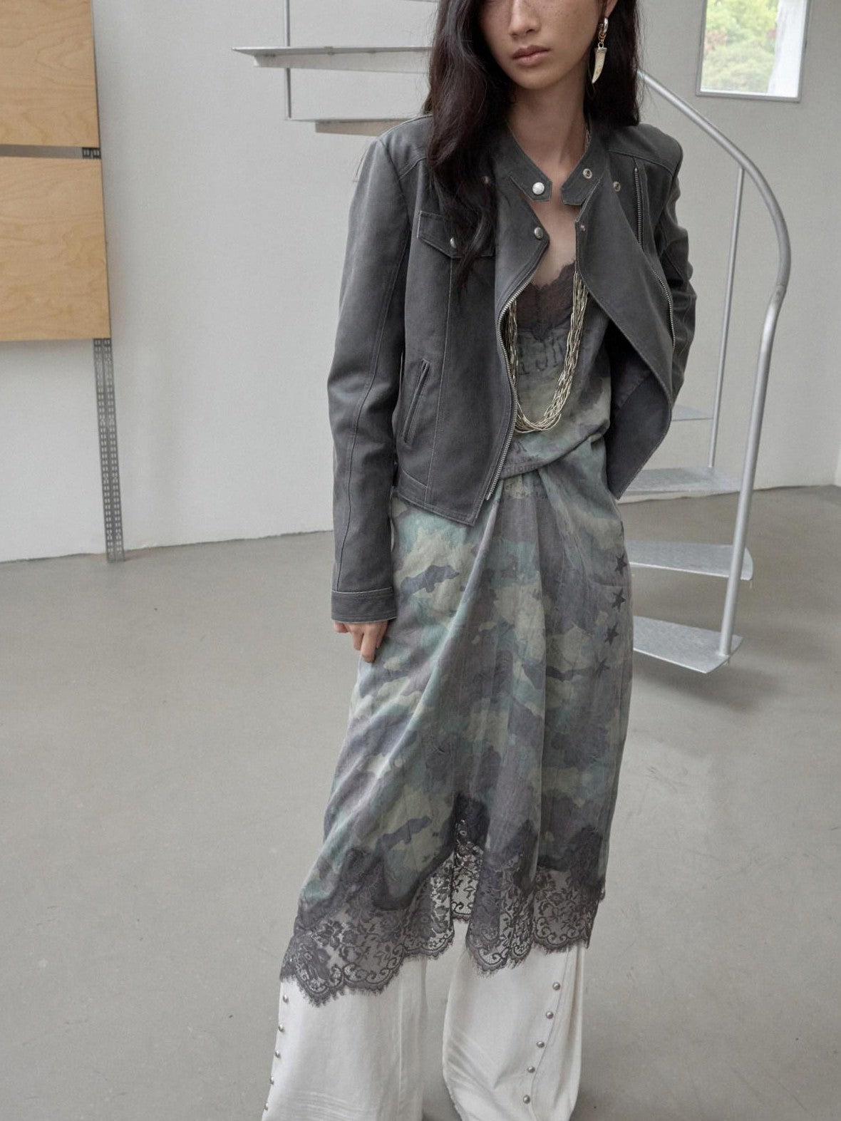 1JINN STUDIO Retro Washed Crackle Distressed Lapel Biker Women&