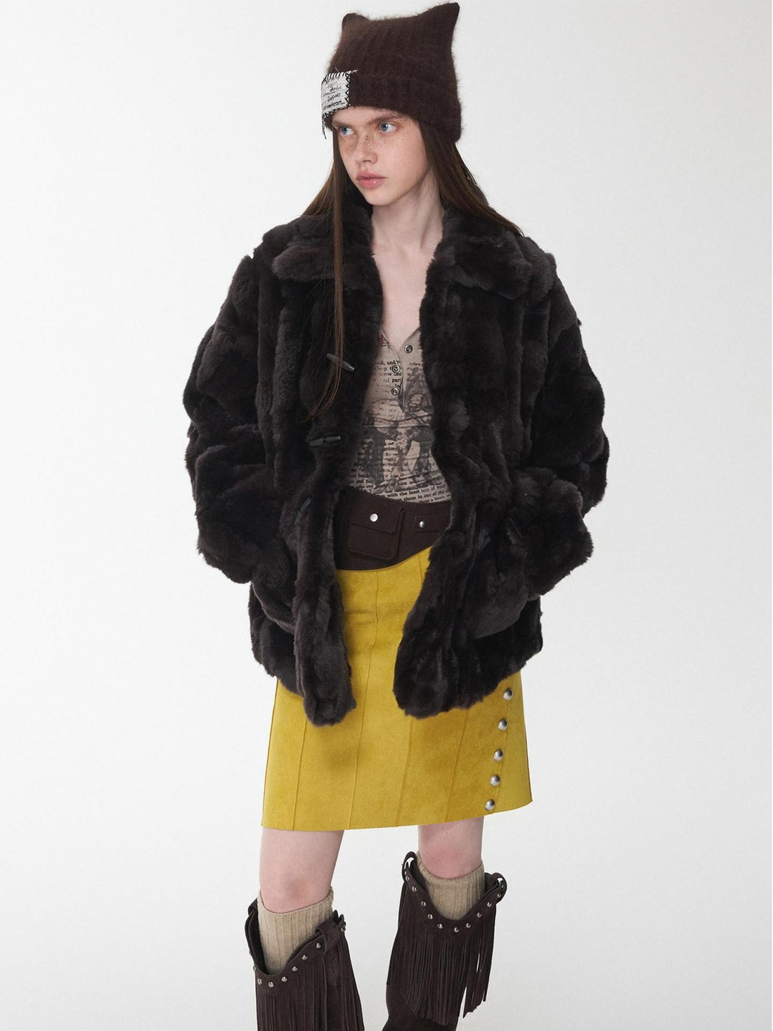 1JINN STUDIO Rex Rabbit Patch Shirt Cut Turn Down Collar Toggle Button Women&