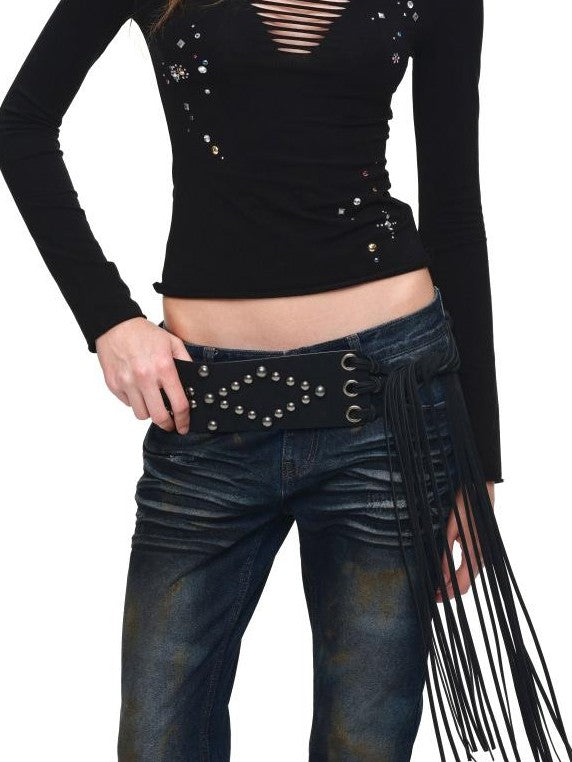 1JINN STUDIO Rhinestone Cutout V-neck Waist Cinched Women&