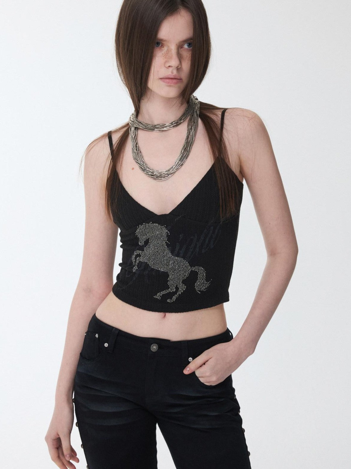 1JINN STUDIO Rhinestone Equestrian Horse Print Women&