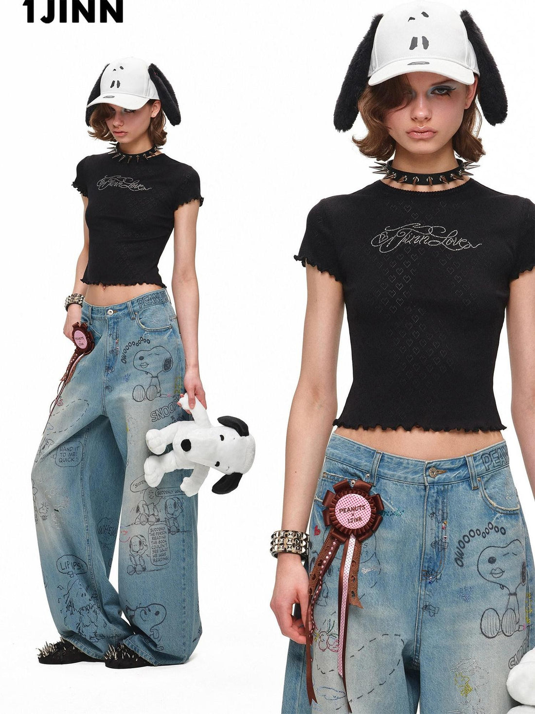 1JINN STUDIO Rhinestone Heart Lace Short Sleeve Slim Fit Women&