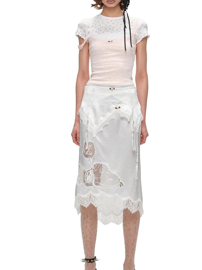 1JINN STUDIO Rhinestone Heart Lace Short Sleeve Slim Fit Women&