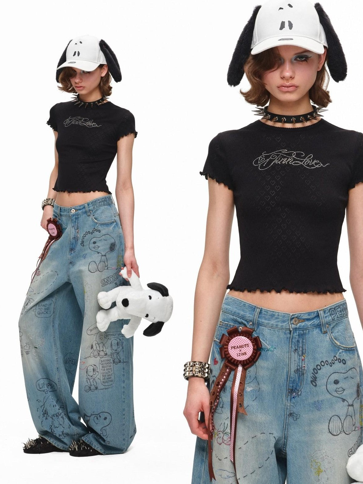1JINN STUDIO Rhinestone Heart Lace Short Sleeve Slim Fit Women&
