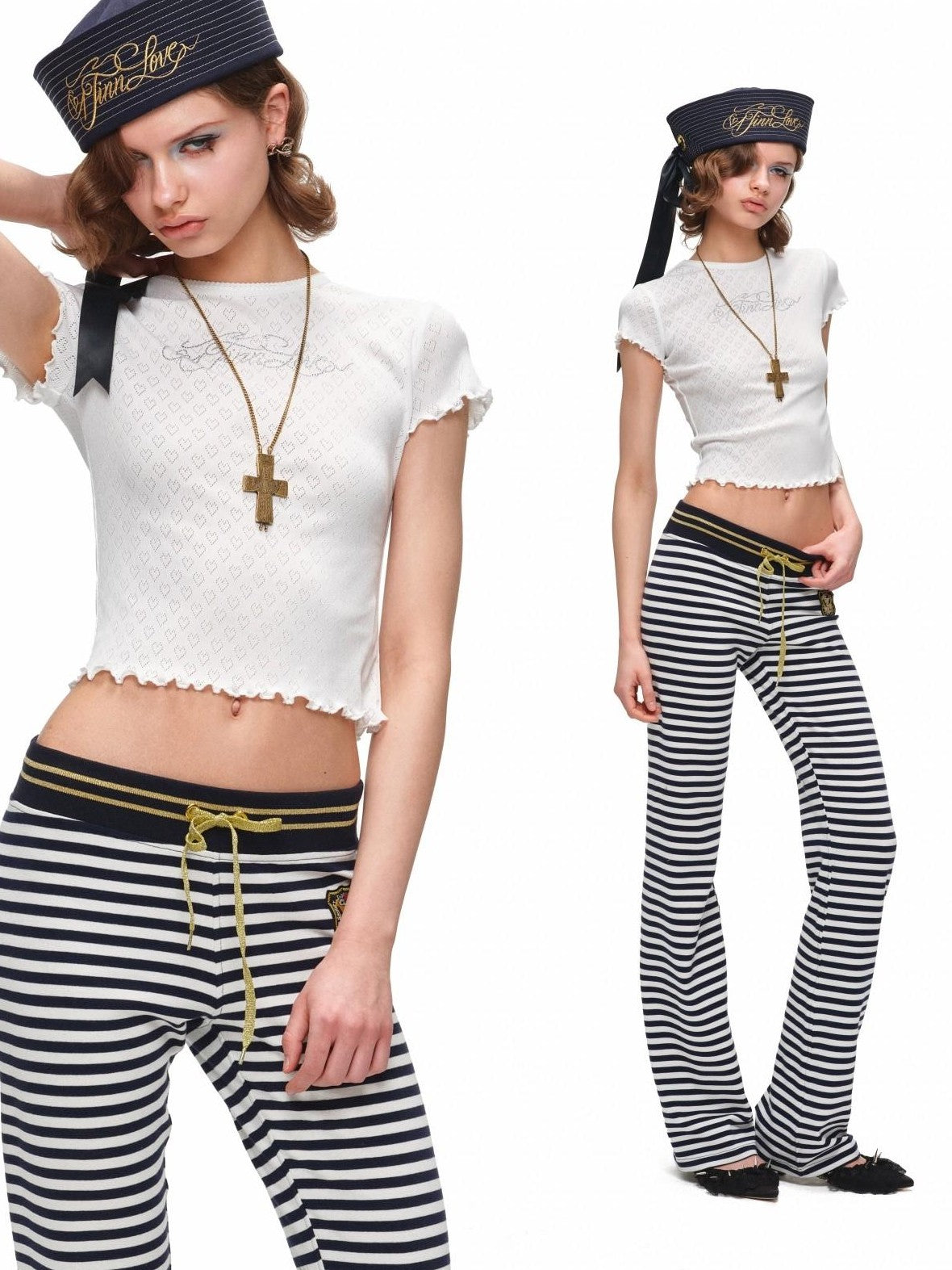 1JINN STUDIO Rhinestone Heart Lace Short Sleeve Slim Fit Women&