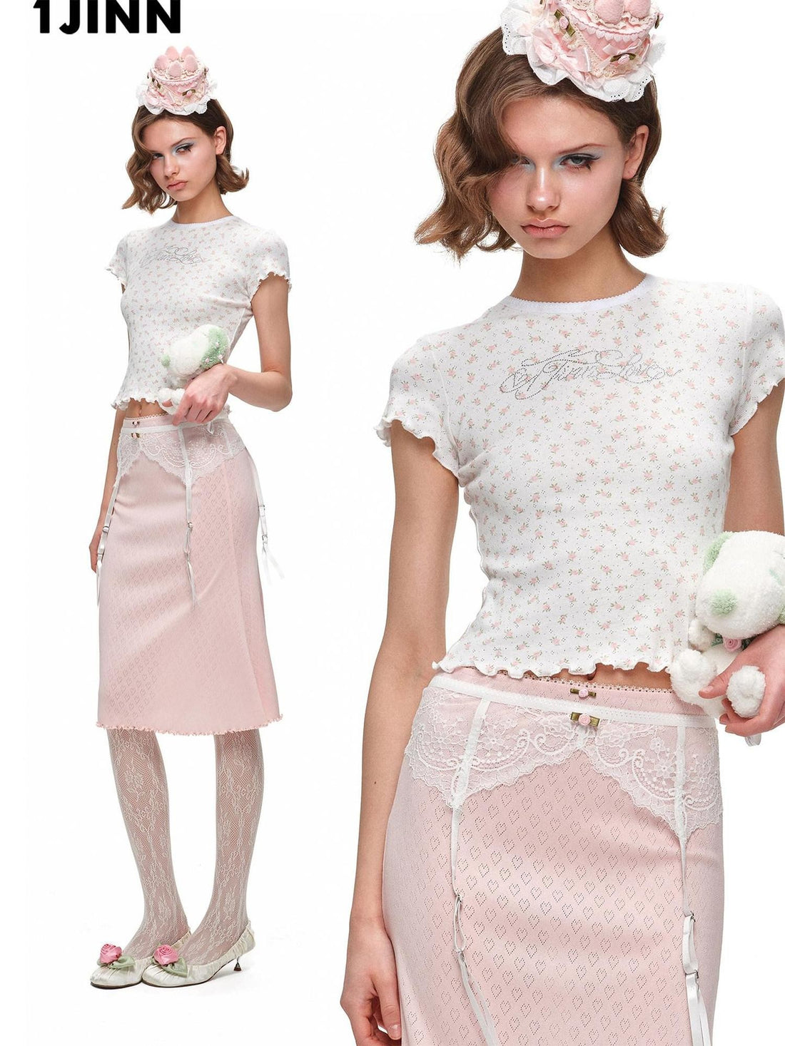 1JINN STUDIO Rhinestone Heart Lace Short Sleeve Slim Fit Women&