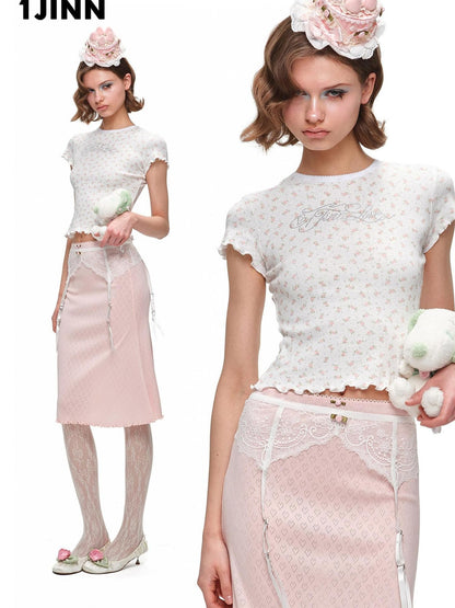 1JINN STUDIO Rhinestone Heart Lace Short Sleeve Slim Fit Women&