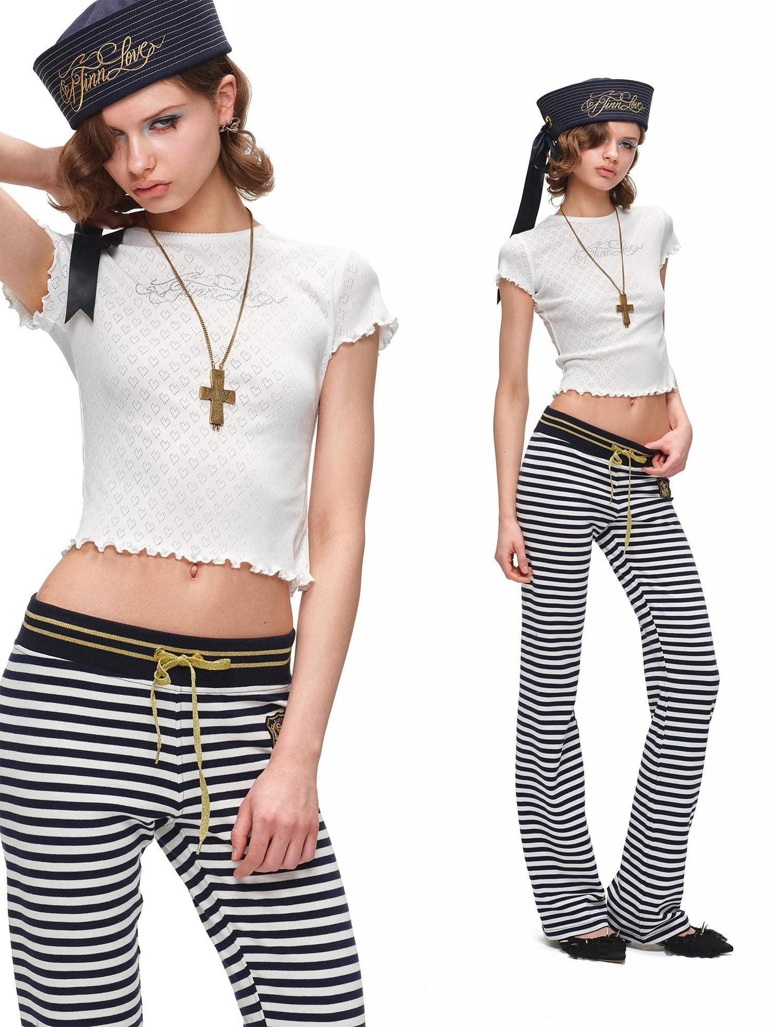 1JINN STUDIO Rhinestone Heart Lace Short Sleeve Slim Fit Women&
