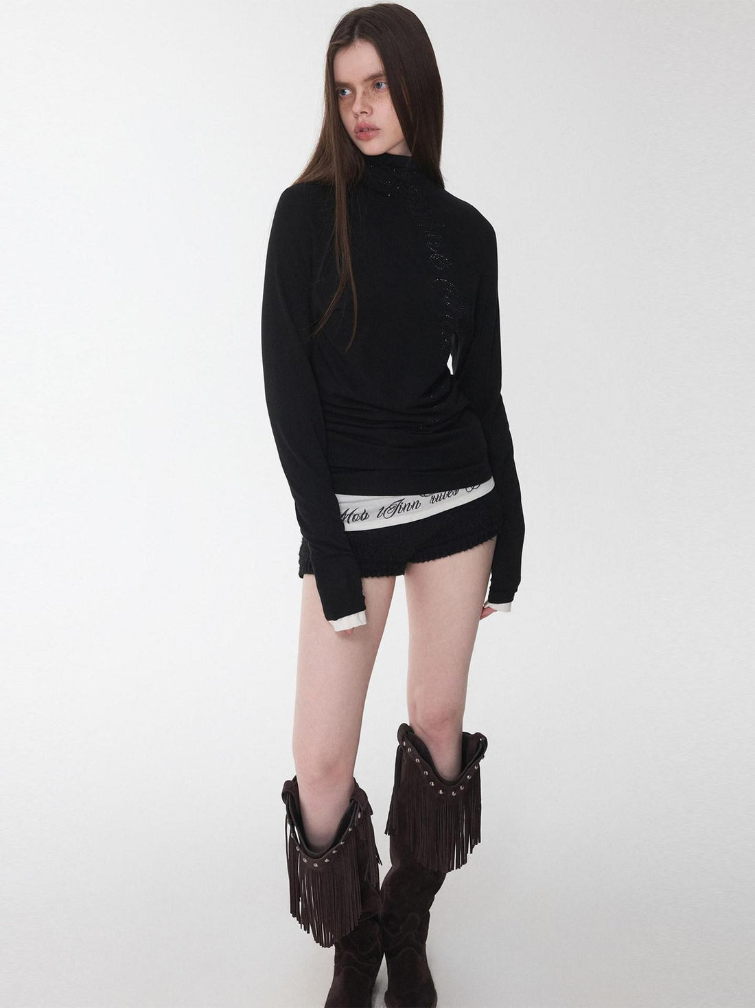 1JINN STUDIO Rhinestone High Neck Raglan Sleeve Women&