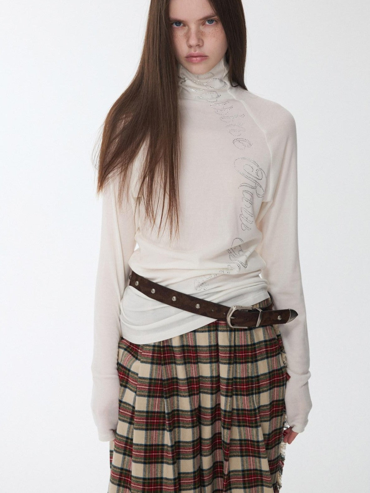 1JINN STUDIO Rhinestone High Neck Raglan Sleeve Women&