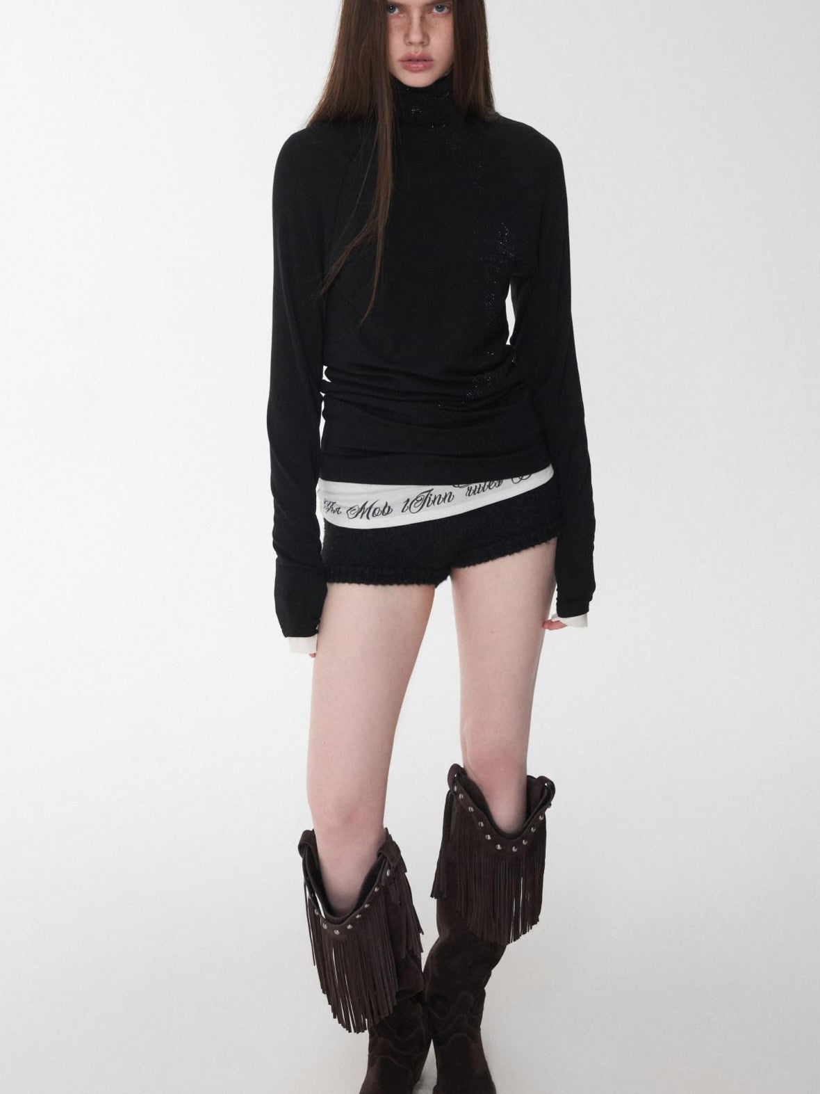 1JINN STUDIO Rhinestone High Neck Raglan Sleeve Women&