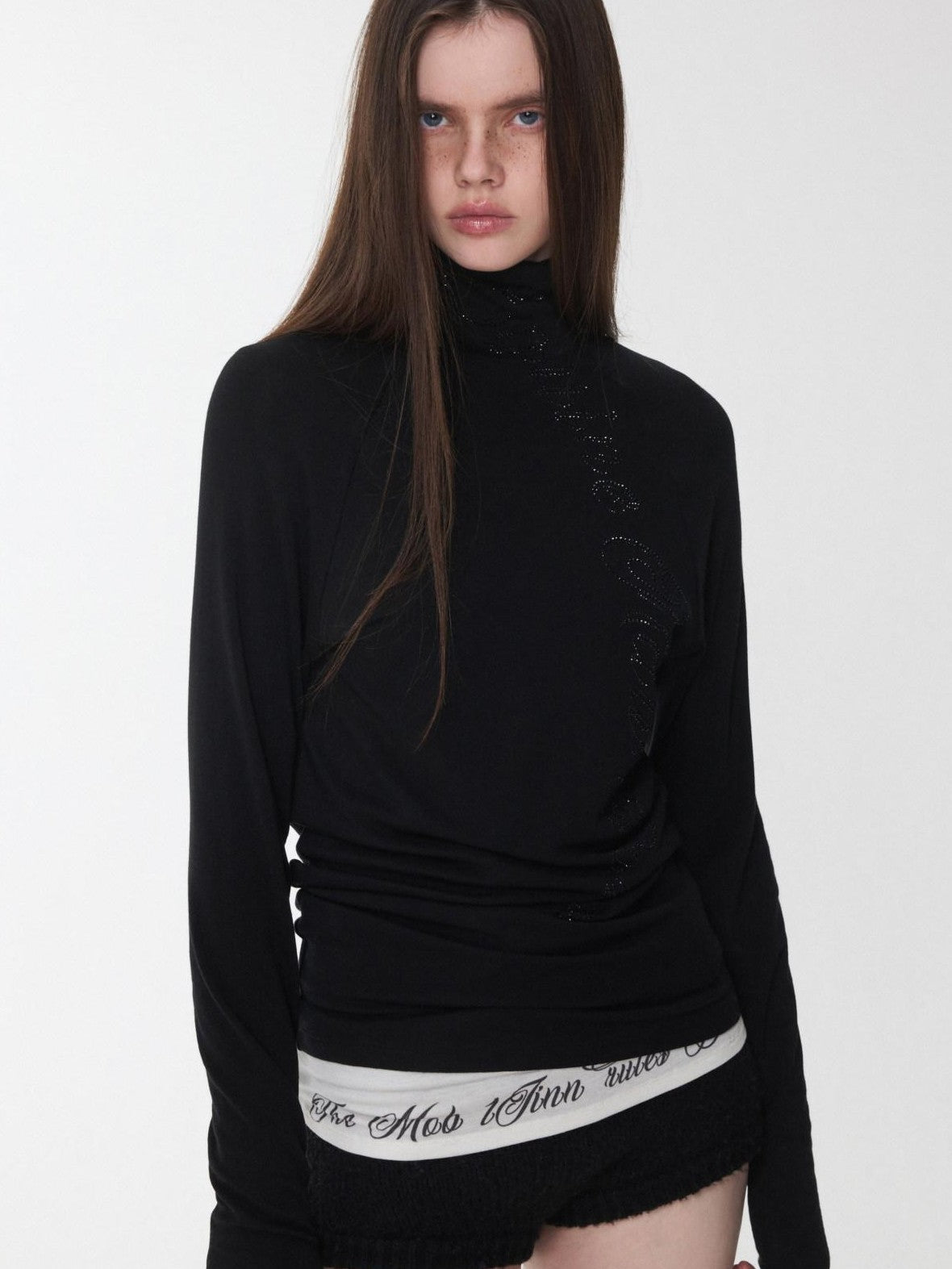 1JINN STUDIO Rhinestone High Neck Raglan Sleeve Women&