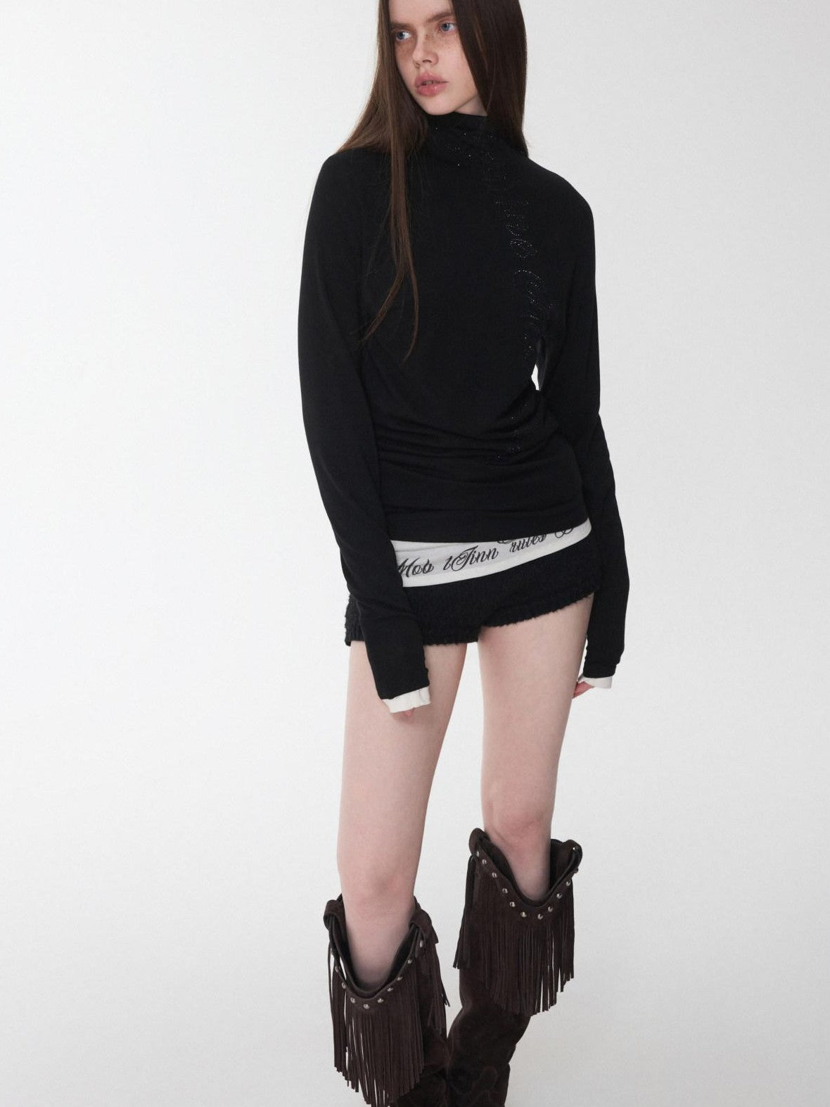 1JINN STUDIO Rhinestone High Neck Raglan Sleeve Women&