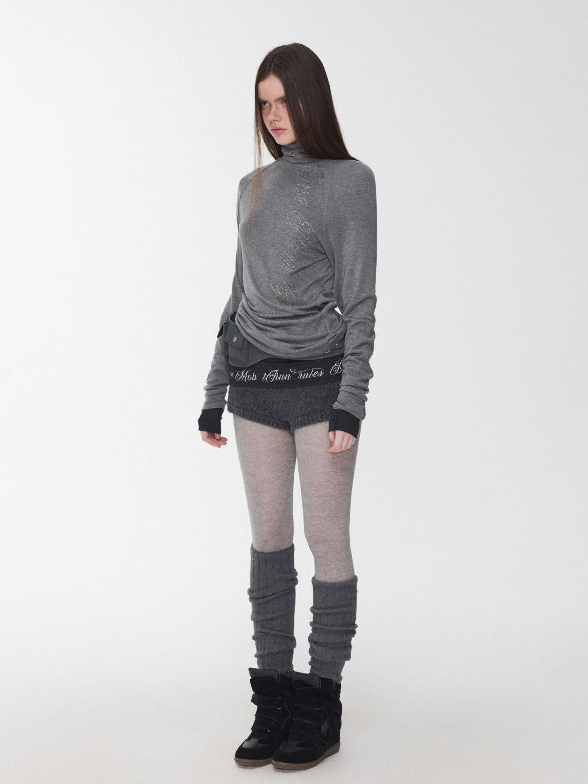 1JINN STUDIO Rhinestone High Neck Raglan Sleeve Women&