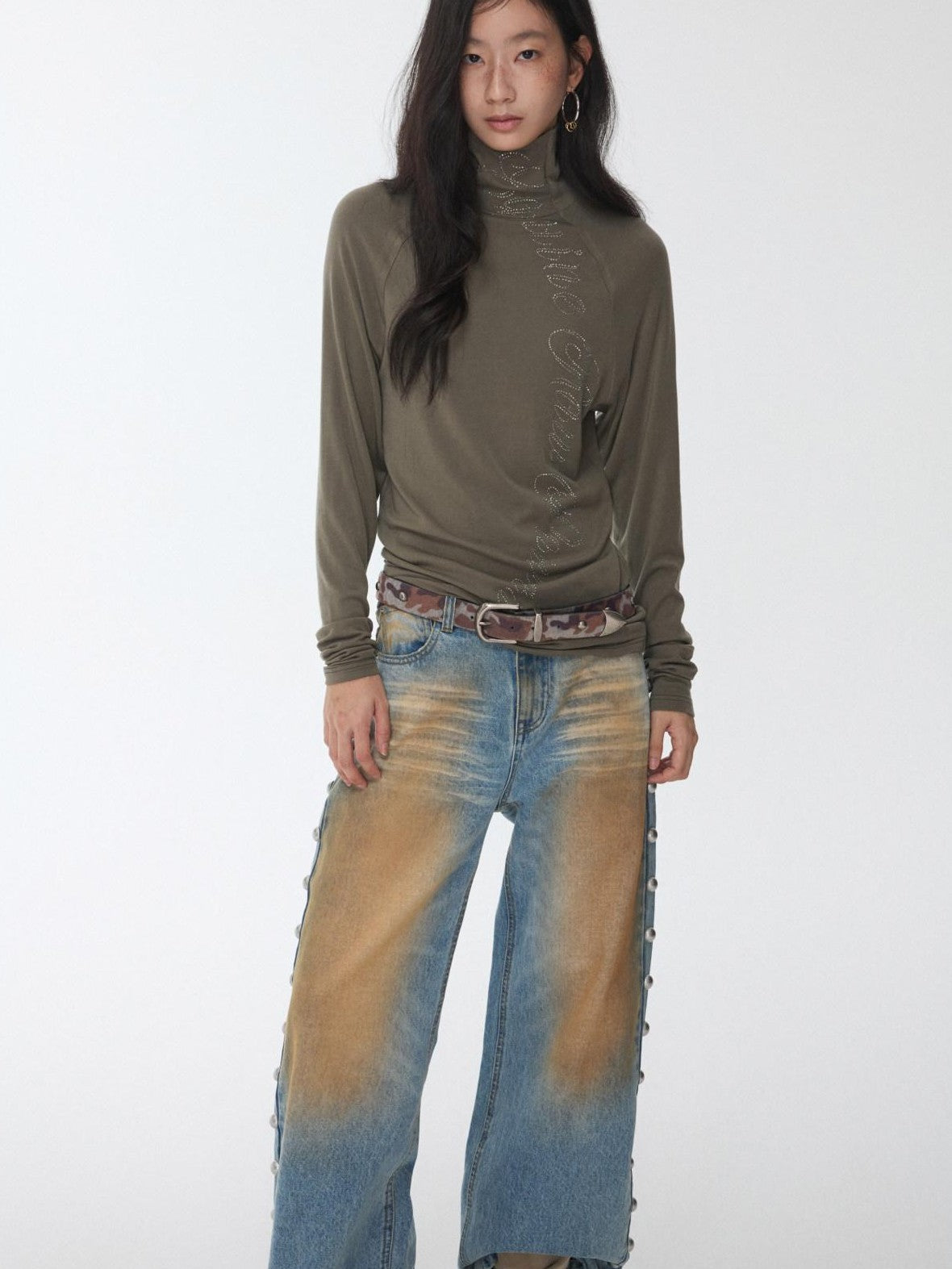 1JINN STUDIO Rhinestone High Neck Raglan Sleeve Women&