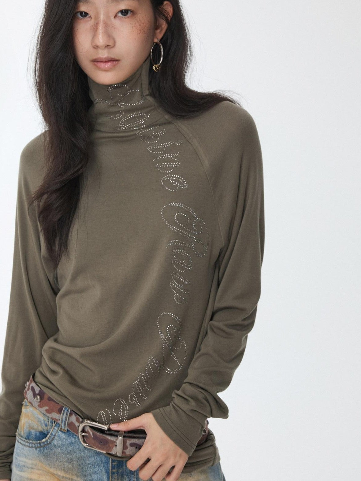 1JINN STUDIO Rhinestone High Neck Raglan Sleeve Women&