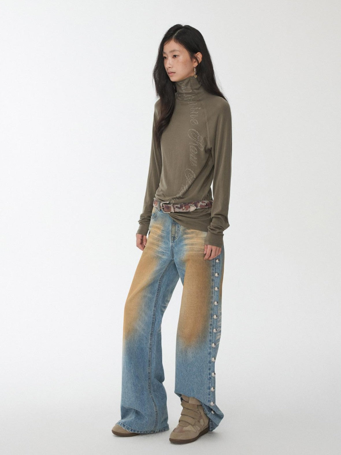 1JINN STUDIO Rhinestone High Neck Raglan Sleeve Women&