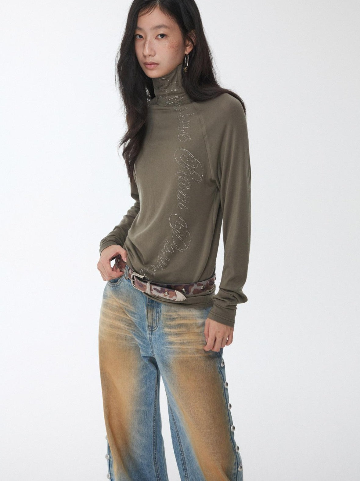 1JINN STUDIO Rhinestone High Neck Raglan Sleeve Women&