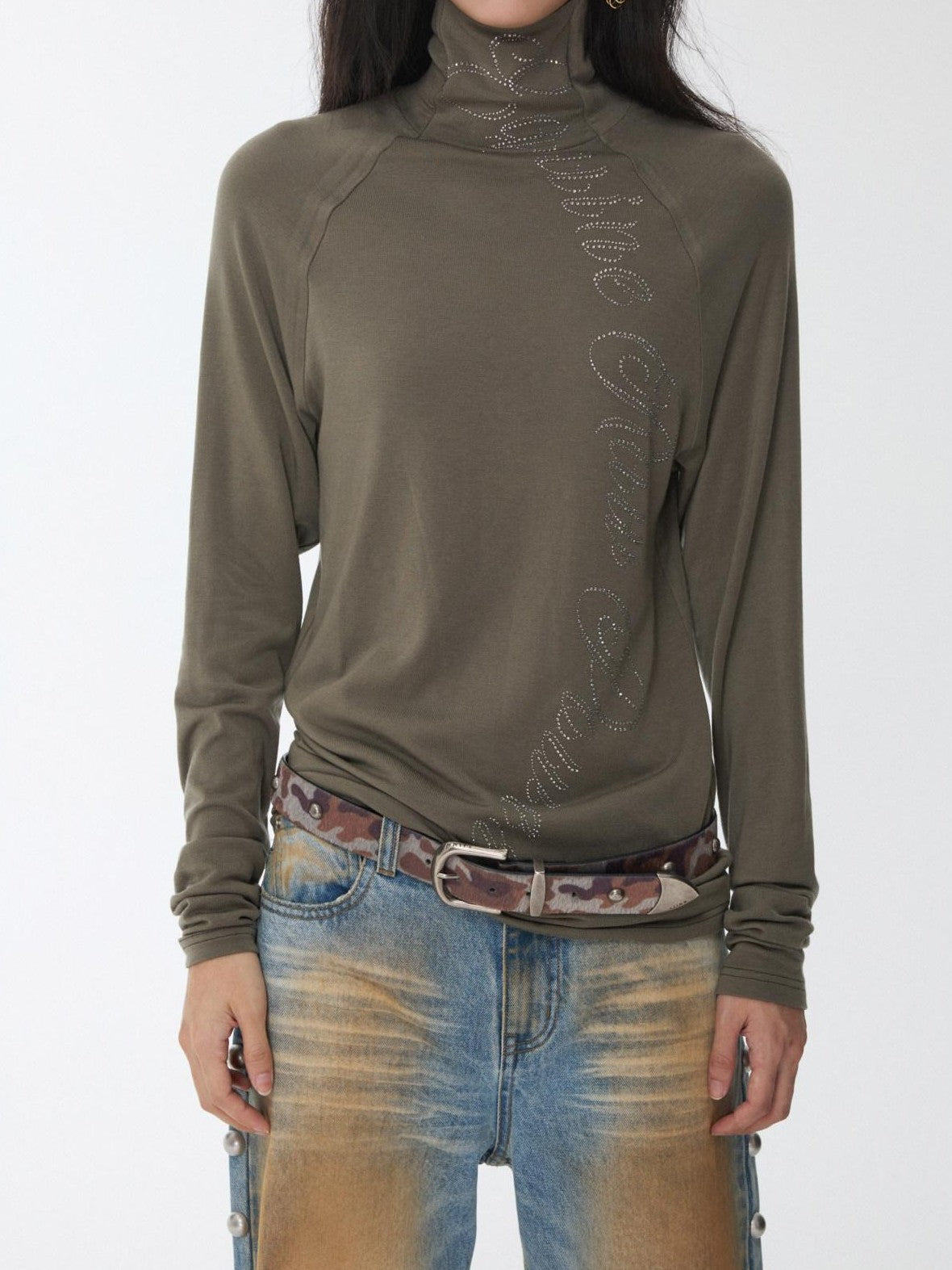 1JINN STUDIO Rhinestone High Neck Raglan Sleeve Women&