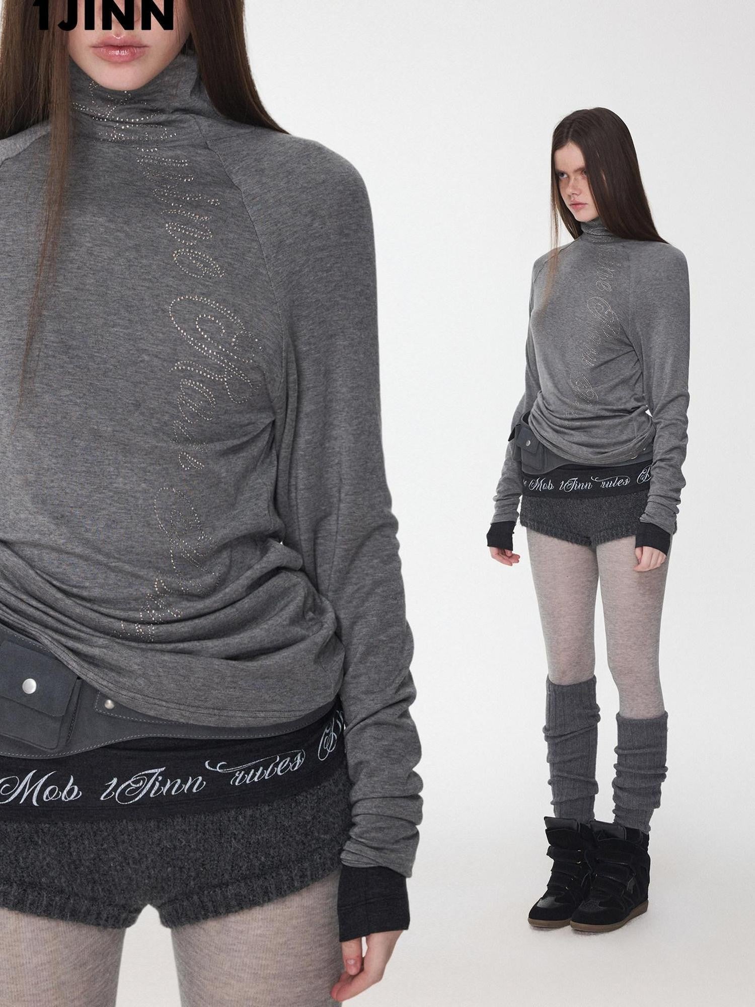 1JINN STUDIO Rhinestone High Neck Raglan Sleeve Women&