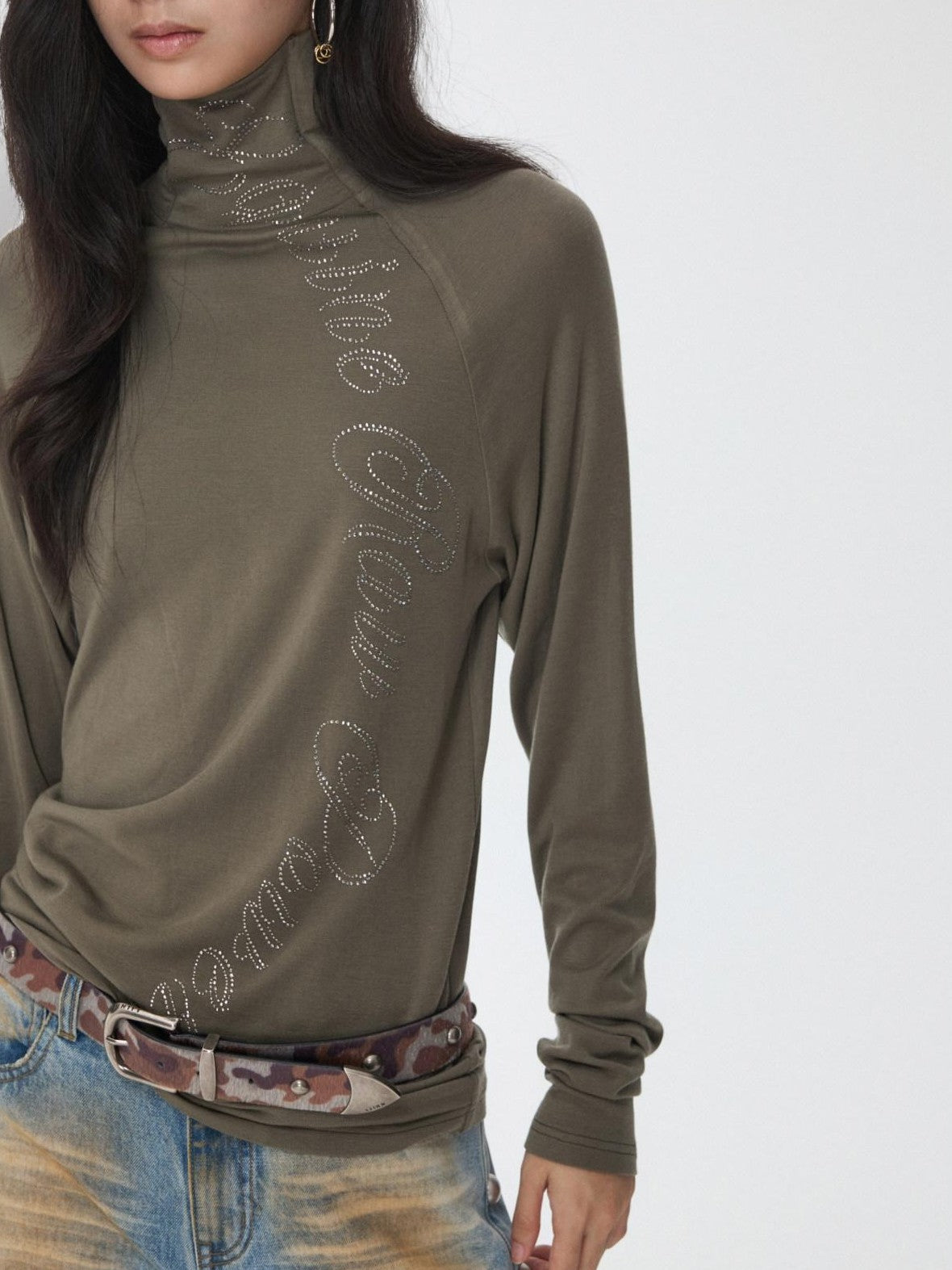 1JINN STUDIO Rhinestone High Neck Raglan Sleeve Women&