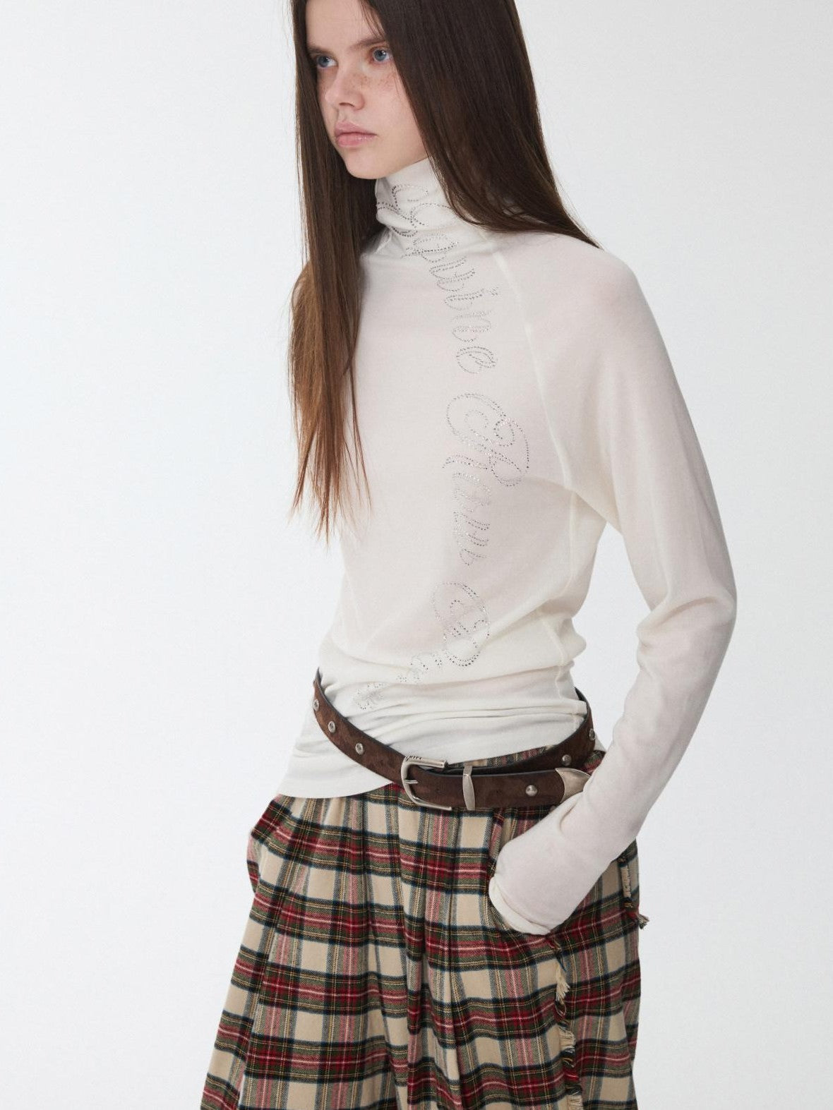 1JINN STUDIO Rhinestone High Neck Raglan Sleeve Women&