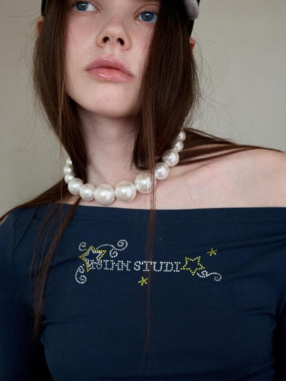 1JINN STUDIO Rhinestone Lettering One Shoulder Women&